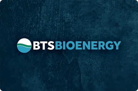 Logo for BTS Bioenergy featuring a dark blue textured background. "BTS" is in bold white letters with a wave design, "BIOENERGY" in blue, conveying a clean energy theme.