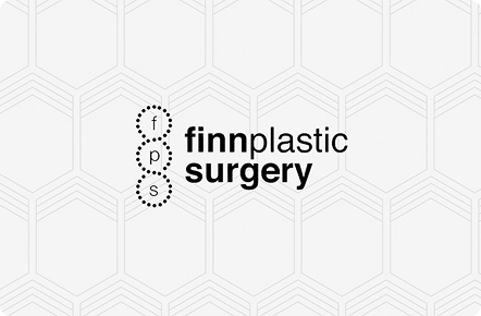 Logo for Finn Plastic Surgery with "fps" in dotted circles and bold text on a light hexagonal patterned background, conveying professionalism.