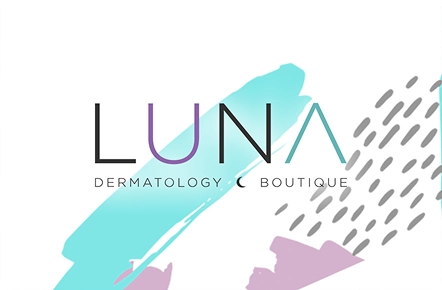 Stylized "Luna Dermatology Boutique" logo on a pastel abstract background. Features teal, lavender, and gray brush strokes and dots, conveying elegance.