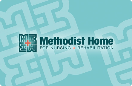 Logo for Methodist Home for Nursing and Rehabilitation on a teal background. The design includes abstract symbols and a red cross next to the text.