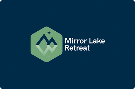 Hexagonal logo with stylized mountain peaks and star inside on a green background. Next to it, the text "Mirror Lake Retreat" on a dark blue background.